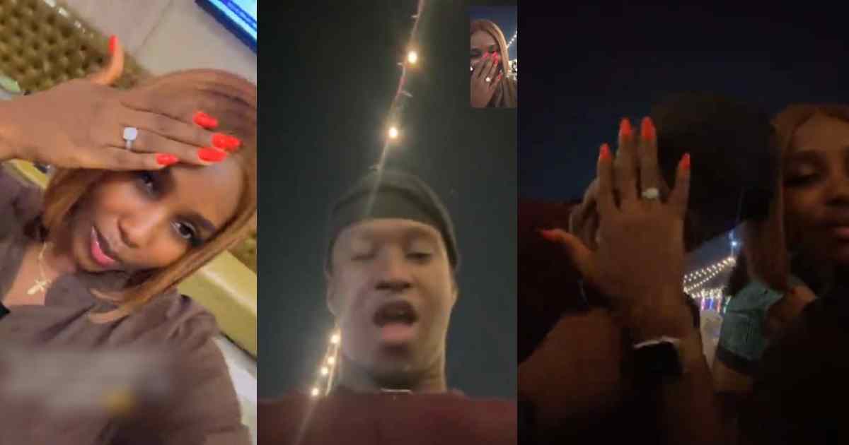 Newly engaged lady playfully calls her man to share proposal news while sitting beside him (VIDEO)