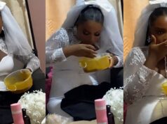Nigerian bride turns heads as she devours eba and okro soup after returning from the registry (Video)
