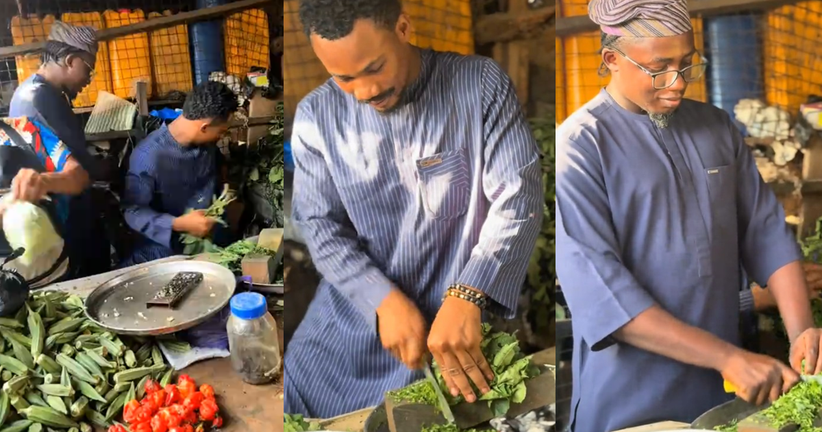 Man and his friend compete over cutting vegetables after visiting his mother at the market (video)