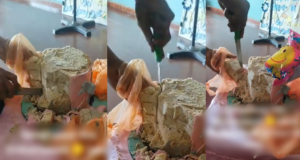 “The Cake No Gree Cut, E Be like Cement” – Woman laments after struggling to slice a cake meant for school teachers (Watch)