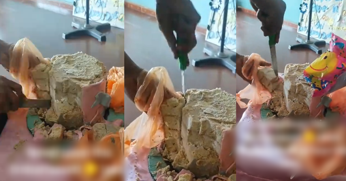 “The Cake No Gree Cut, E Be like Cement” – Woman laments after struggling to slice a cake meant for school teachers (Watch)