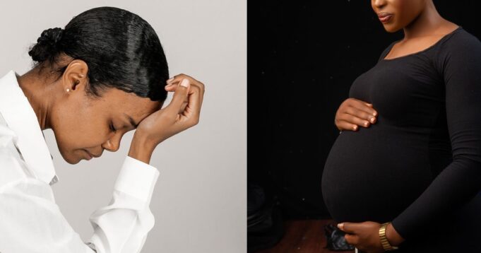 Unhappy black woman touching her head