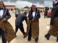 Lady denied entry to the church over her trousers, tied a wrapper to attend a homeboy’s wedding (Watch)