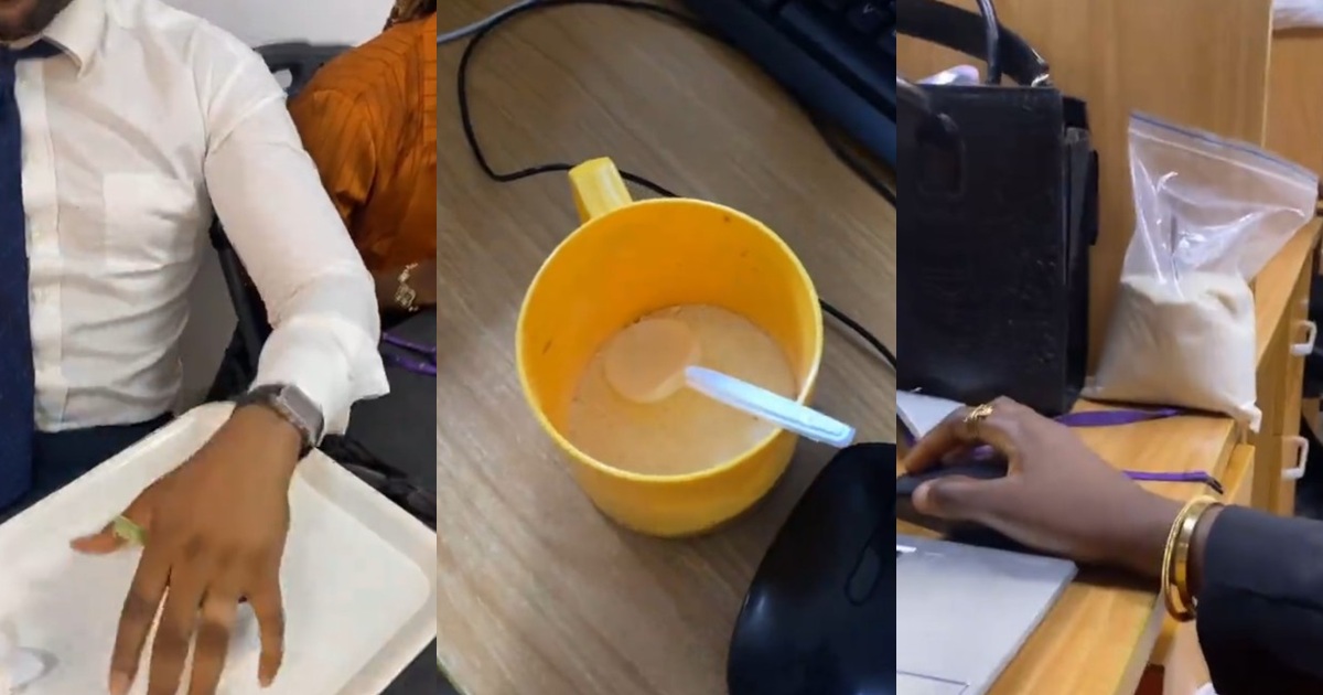 “Nobody Is Ordering Food Today” – Lady shows colleagues drinking garri at work (Watch)