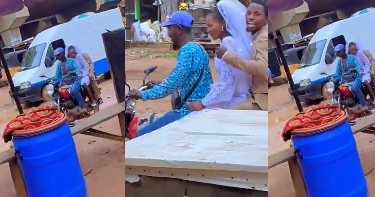 Couple spotted riding an okada to their registry wedding sparks reactions online (Watch)
