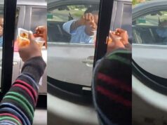 Lady amused after giving her piece of meat to a stranger who requested it at a traffic stop (Video)