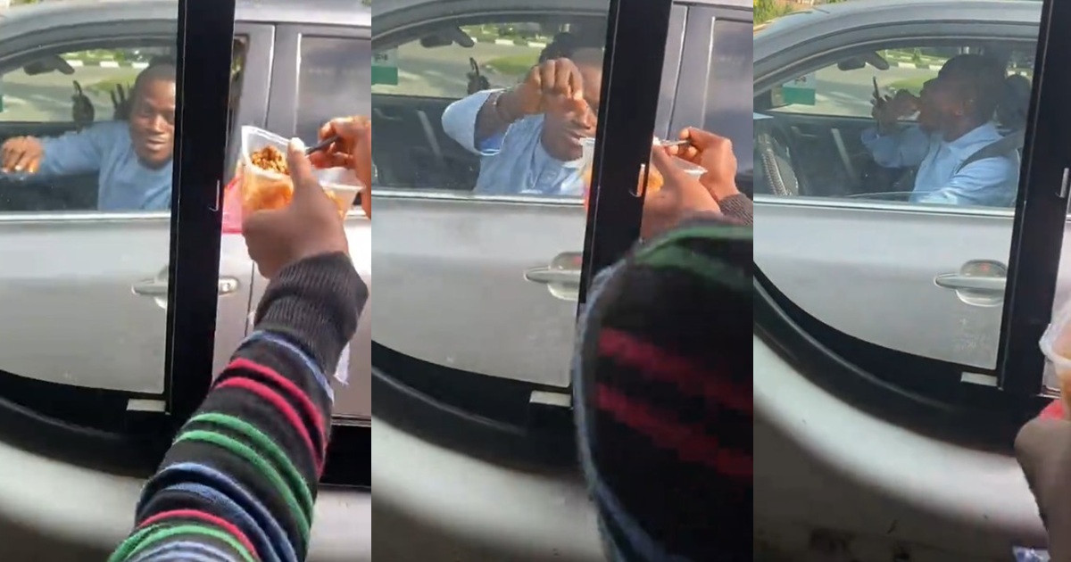 Lady amused after giving her piece of meat to a stranger who requested it at a traffic stop (Video)