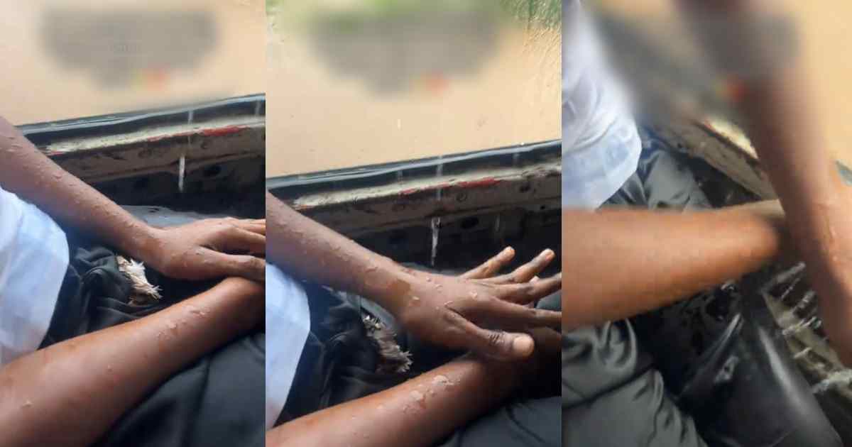 Lady gets soaked after boarding public bus to save money during Lagos rainy season (Watch)