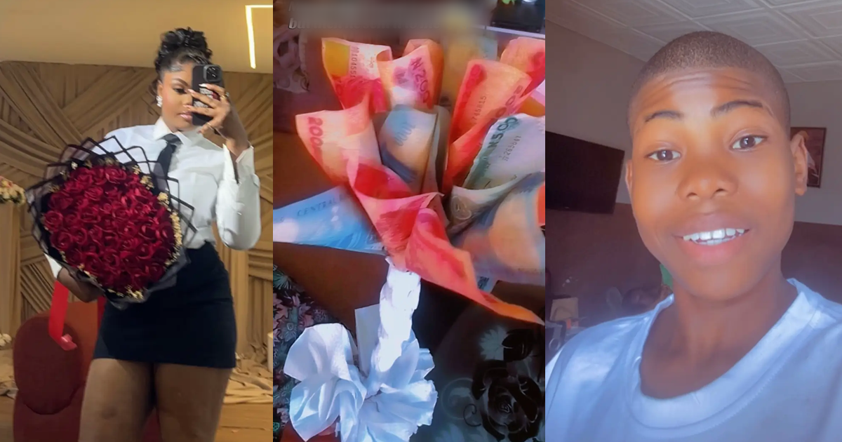 “He saved up his feeding money” – Lady reveals how her 11-year-old brother surprised her with a handmade money bouquet for her birthday (Photos)