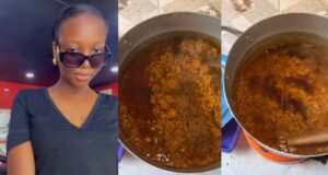 Lady shows off the ‘smoky’ jollof rice she made to impress her boyfriend (Video)