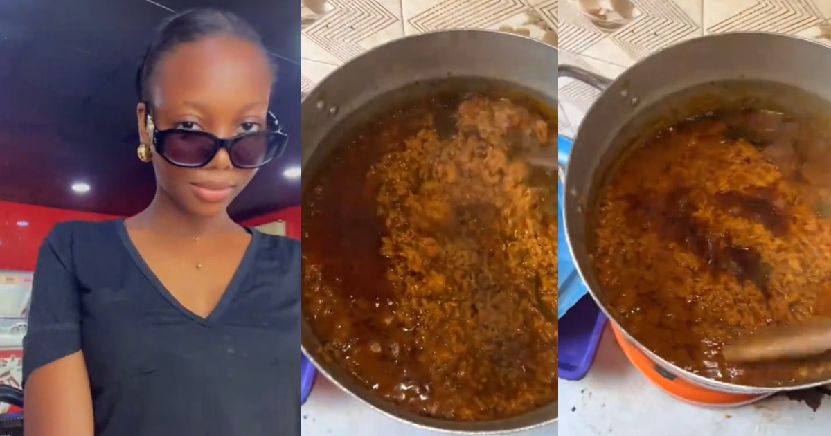 Lady shows off the ‘smoky’ jollof rice she made to impress her boyfriend (Video)