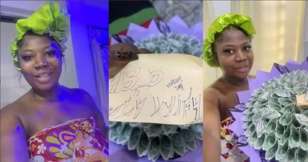 Woman left astonished after husband sneaks home to surprise her with money bouquet ahead of her birthday (Watch)
