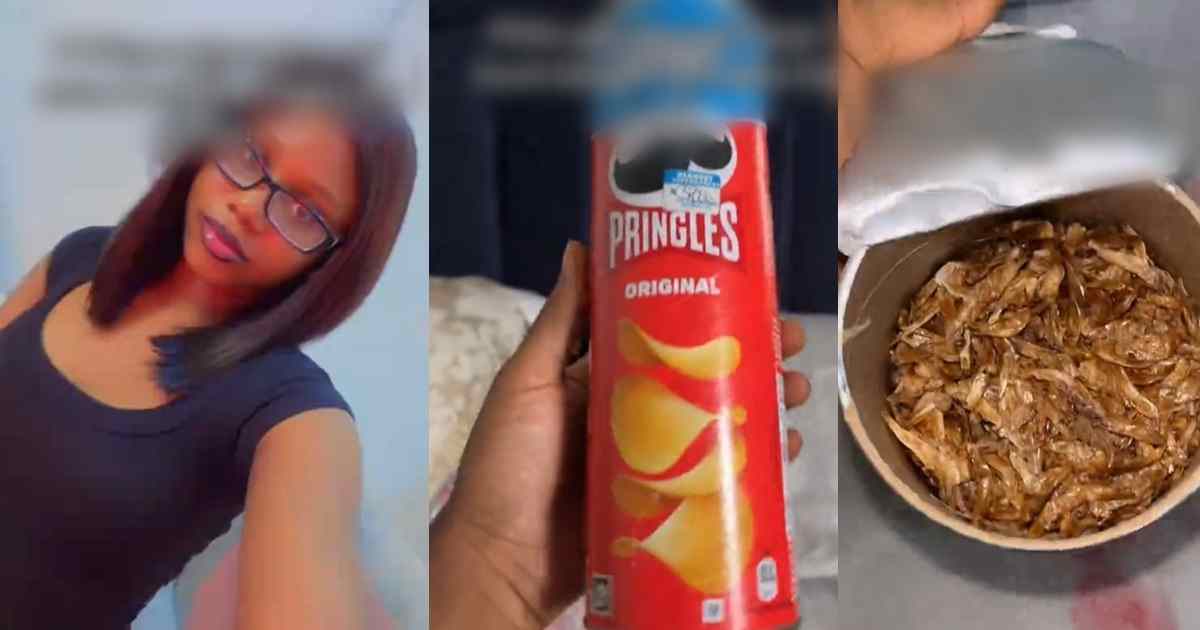 Lady left disappointed after discovering crayfish inside what she thought was a pringles can (Watch)