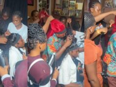 Hairstylist multitasks as she and her client get glammed up for the same party (Watch)