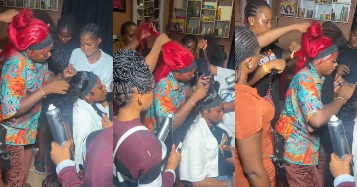 Hairstylist multitasks as she and her client get glammed up for the same party (Watch)