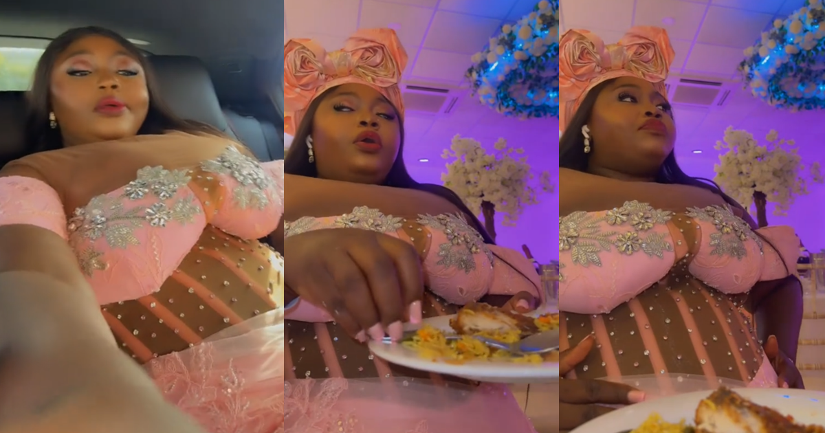 Lady struggles to sit, eat after wearing a corset dress to an event (Watch)