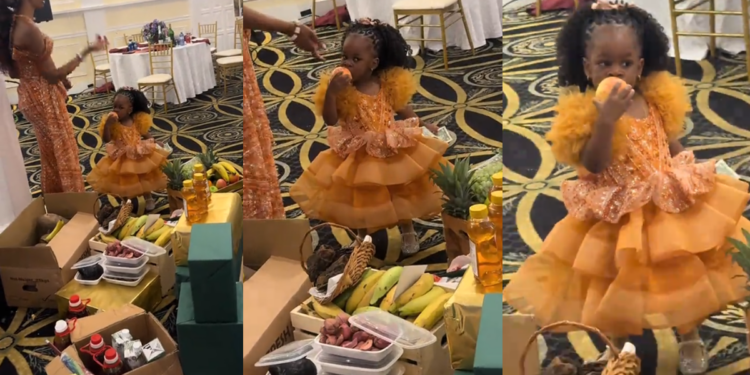 Funny moment a little girl got caught eating fruit from bride price at her uncle’s wedding (WATCH)