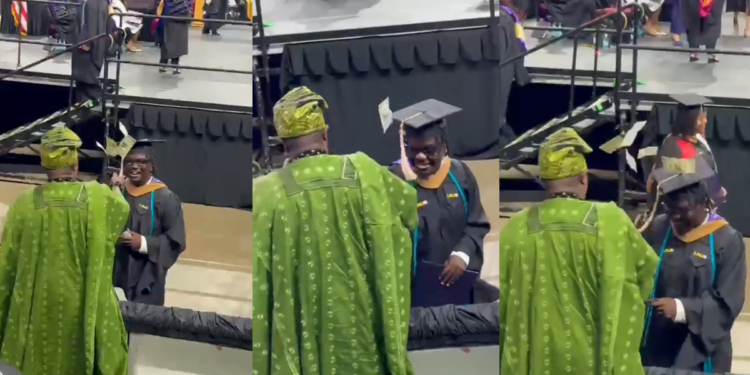 Proud Nigerian dad sprays money on his son at his graduation abroad (Watch)