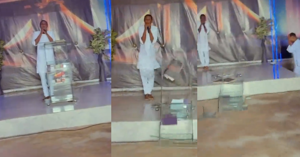 Man accidentally bre@ks church pulpit while leading prayer on altar (Watch)